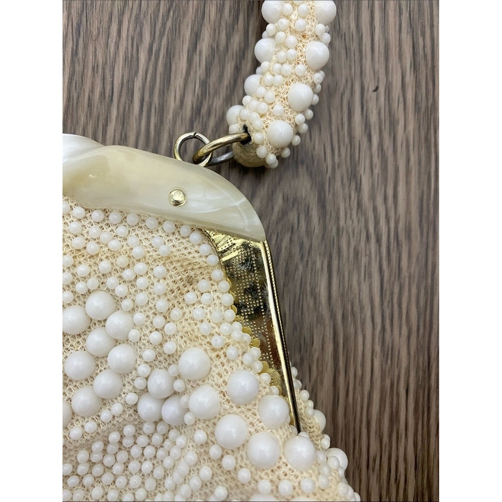 Vintage 1960s Ivory Beaded Bridal Evening Purse Likely Lucite Hong Kong - Picture 6 of 16